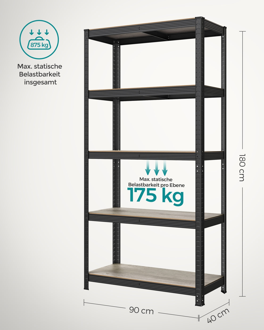 Standregal verstellbar mit 5 Ablagen 40 x 90 x 180 cm Greige-schwarz