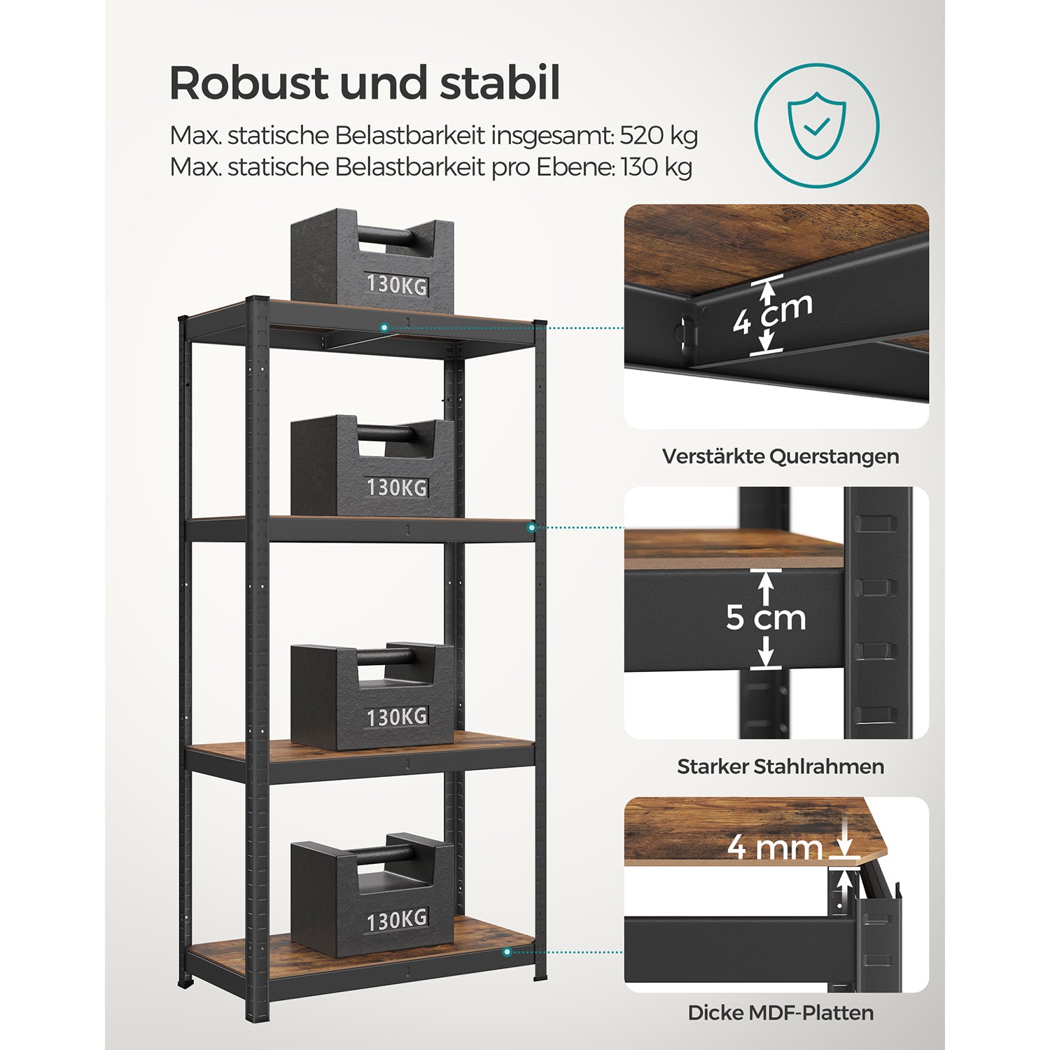 Standregal verstellbar mit 4 Ablagen 40 x 80 x 160 cm vintagebraun-schwarz