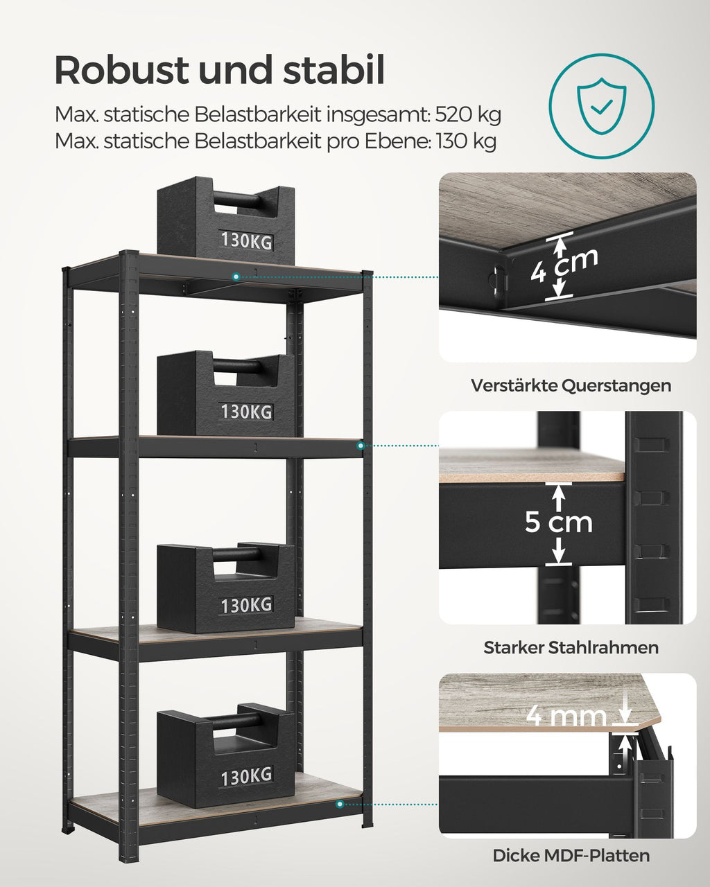 Standregal 40 x 80 x 160 cm mit 4 verstellbaren Ablagen