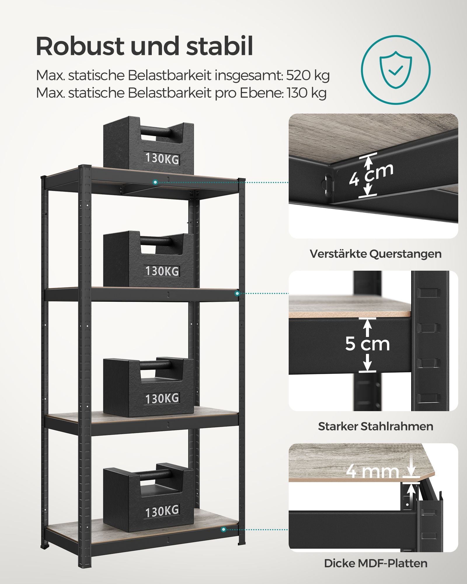 Standregal 40 x 80 x 160 cm mit 4 verstellbaren Ablagen