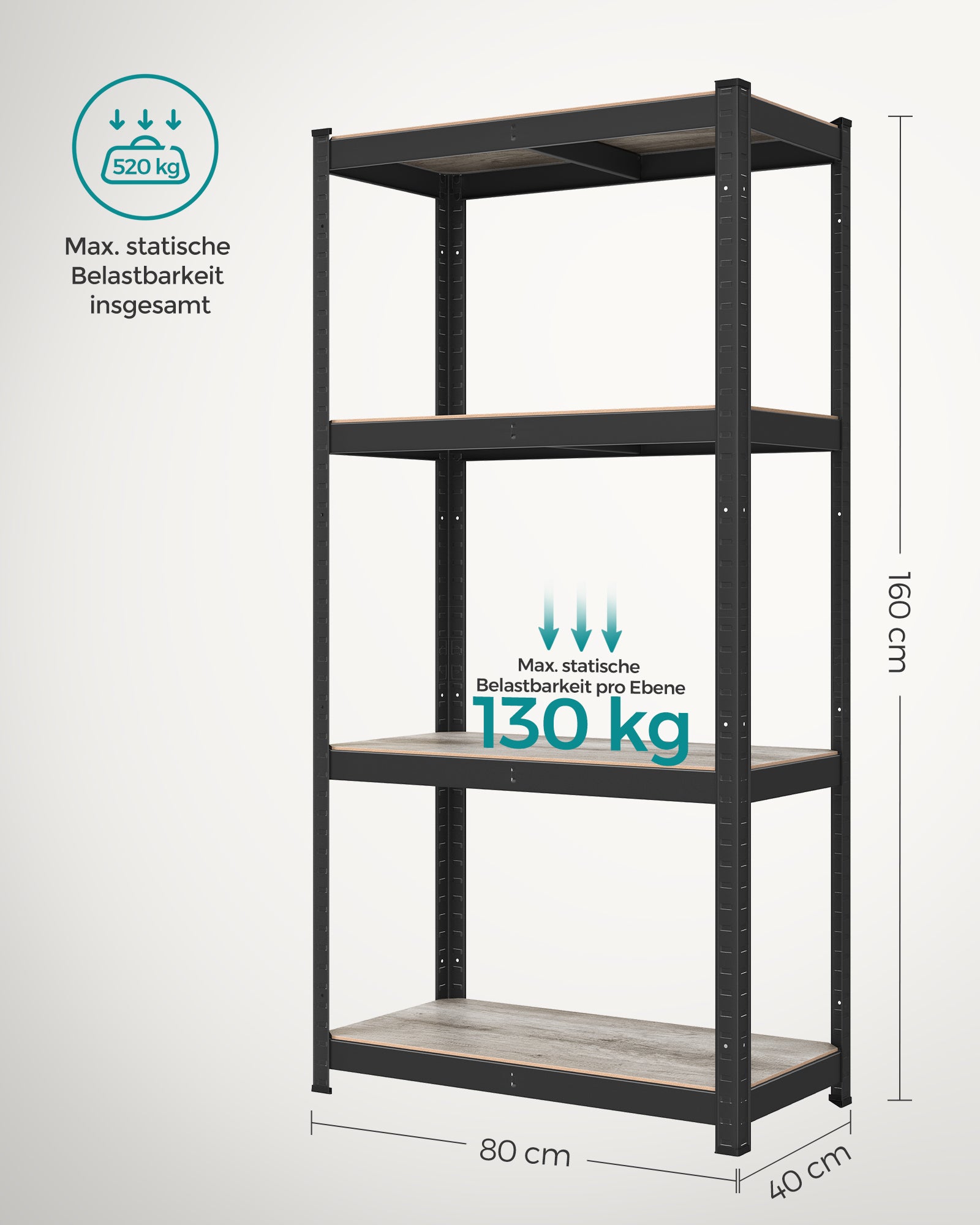 Standregal 40 x 80 x 160 cm mit 4 verstellbaren Ablagen