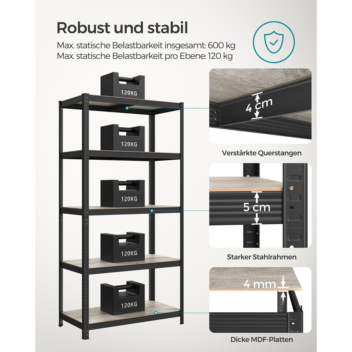Standregal verstellbar mit 5 Ablagen 50 x 100 x 200 cm Greige-schwarz