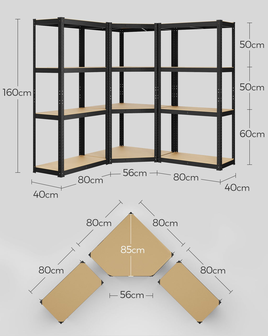Eckregal-Set 4 Ebenen aus Metall tintenschwarz-naturbeige