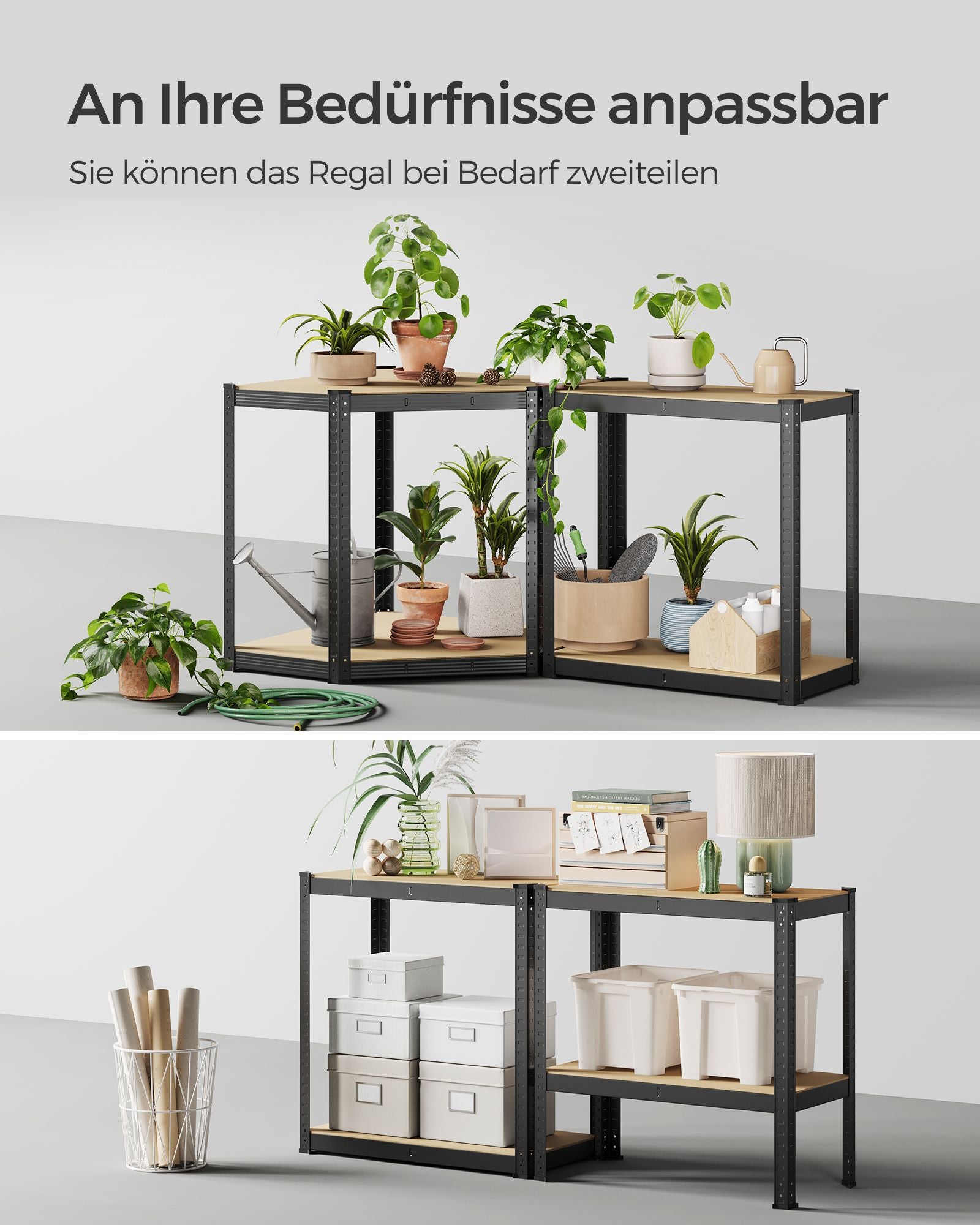 Eckregal-Set 4 Ebenen aus Metall tintenschwarz-naturbeige