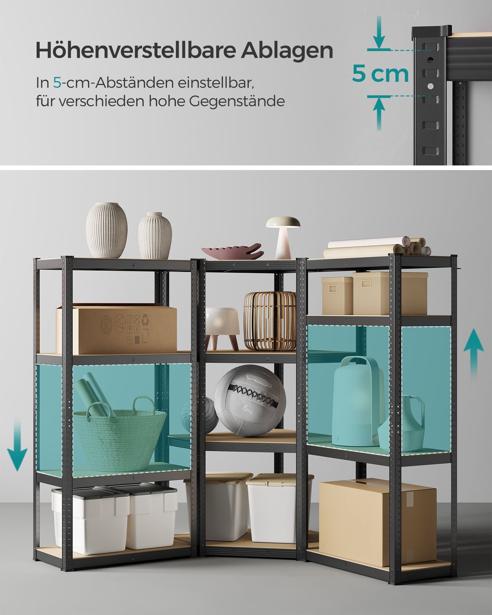 Eckregal-Set 4 Ebenen aus Metall tintenschwarz-naturbeige