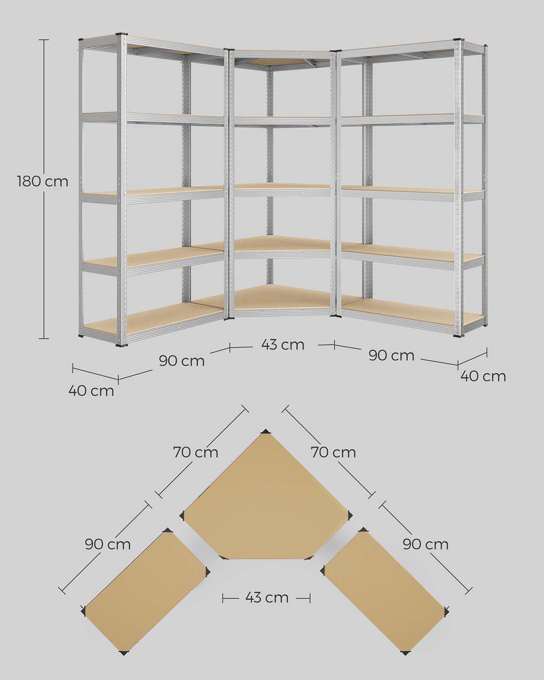 Eckregal-Set mit 5 Ebenen bis 2625 kg belastbar