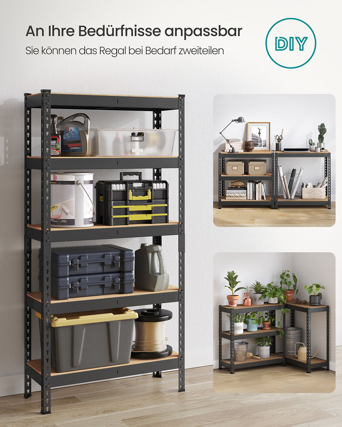 Schwerlastregal mit 5 Ablagen 30 x 75 x 150 cm schwarz