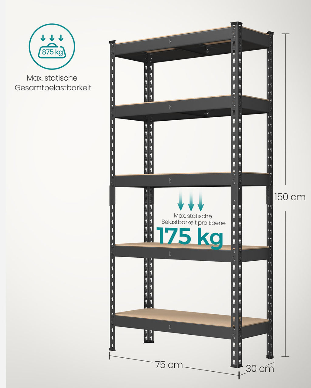 Schwerlastregal mit 5 Ablagen 30 x 75 x 150 cm schwarz