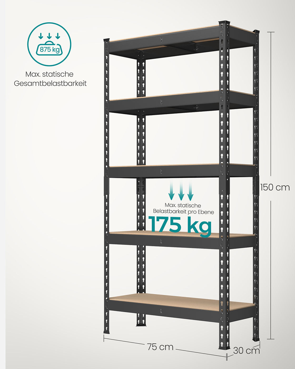 Schwerlastregal mit 5 Ablagen 30 x 75 x 150 cm schwarz