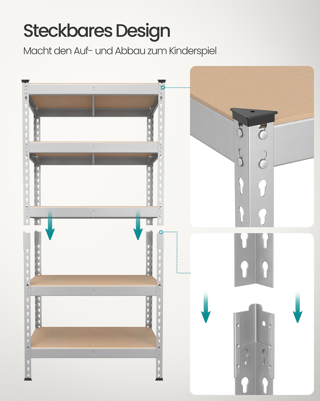 Schwerlastregal mit 5 Ablagen 30 x 75 x 150 cm silbern