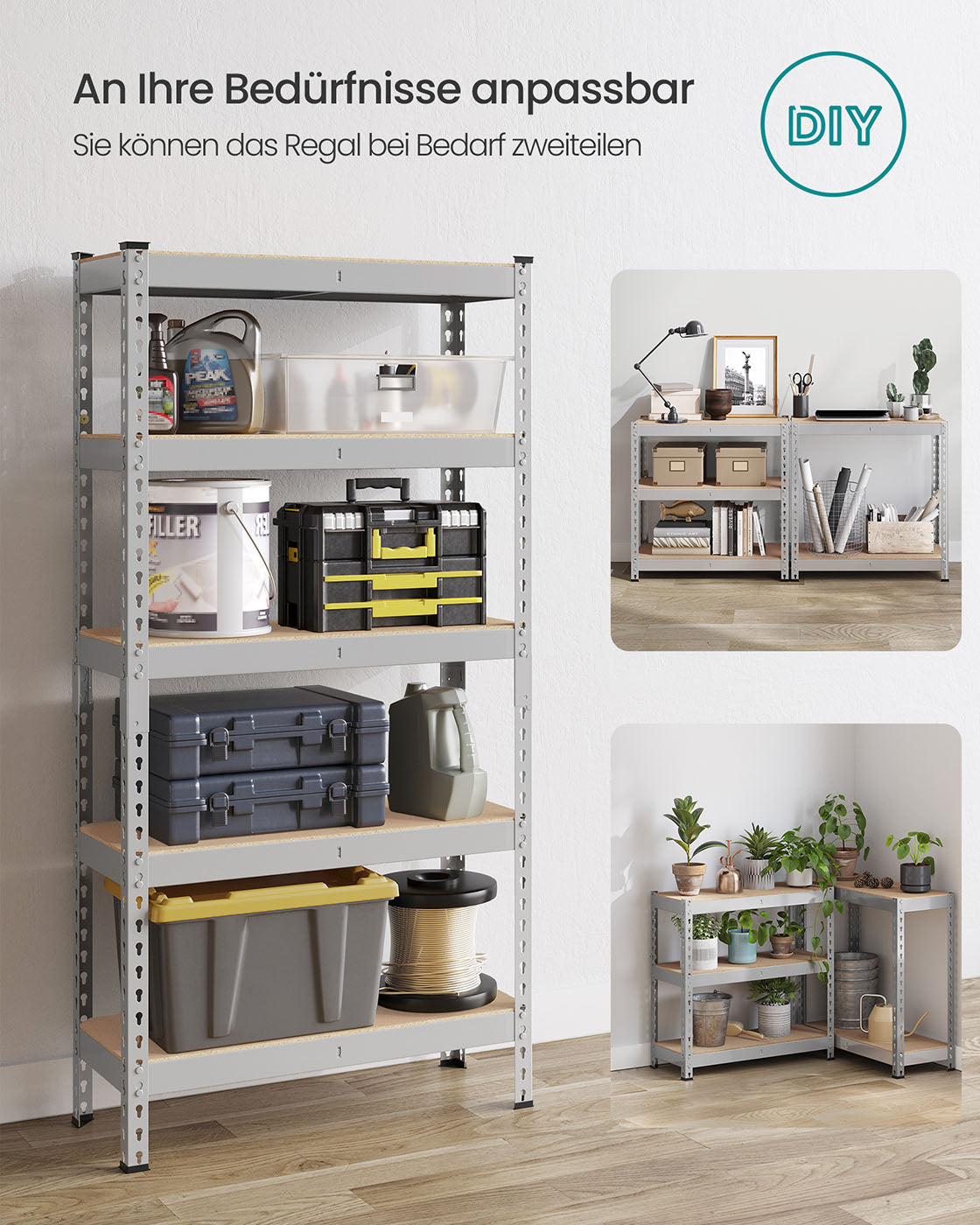 Schwerlastregal mit 5 Ablagen 30 x 75 x 150 cm silbern