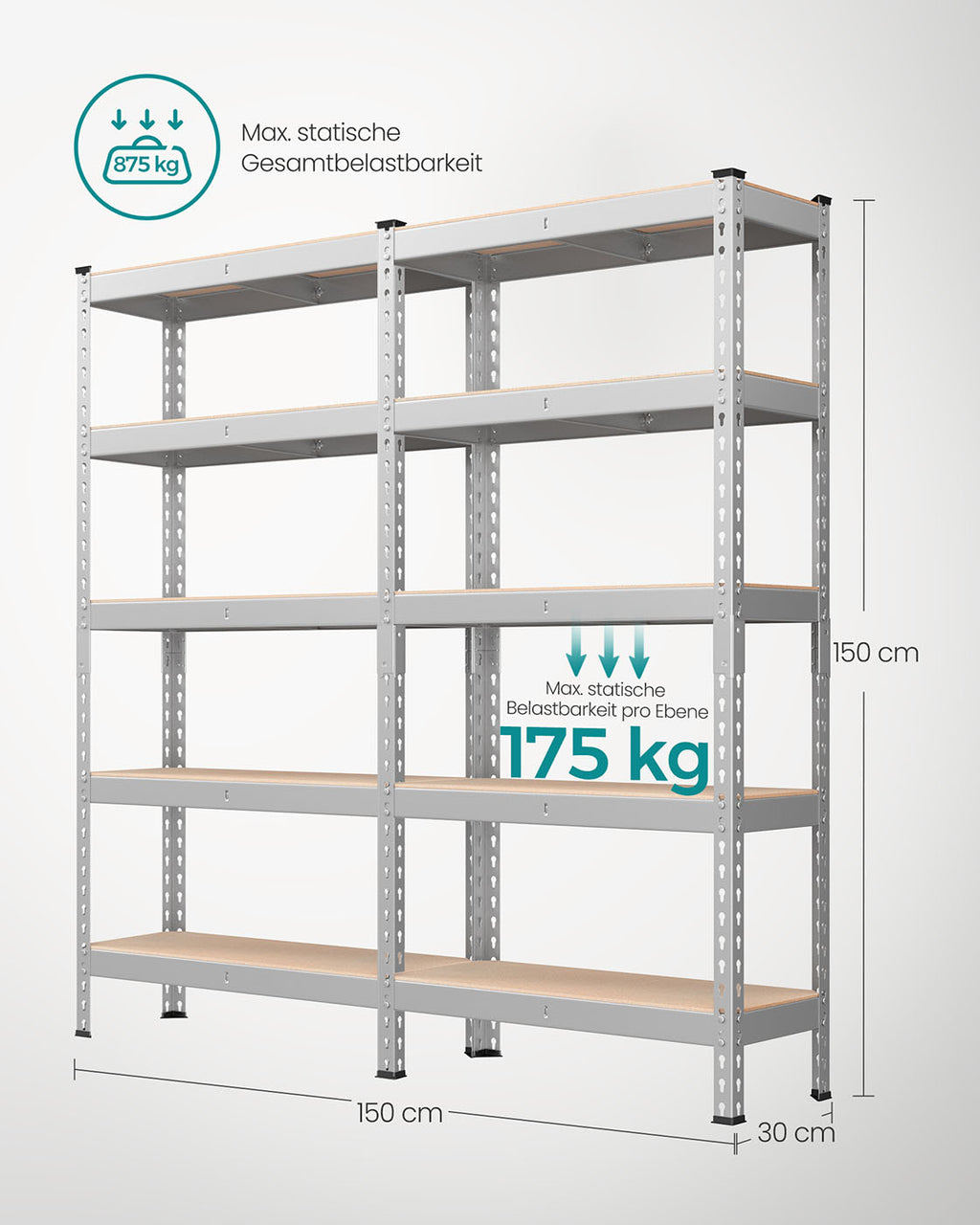 Schwerlastregal 2er Set mit 5 Ablagen 30 x 75 x 150 cm silbern