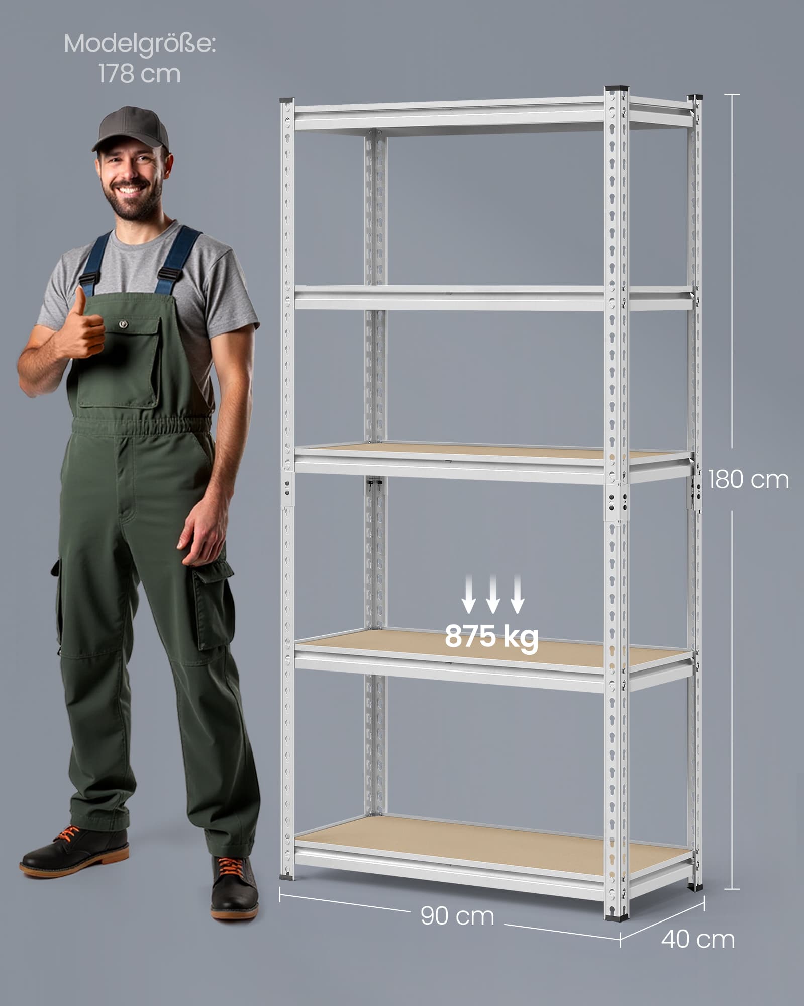 Schwerlastregal mit 5 Ablagen 40 x 90 x 180 cm silbern