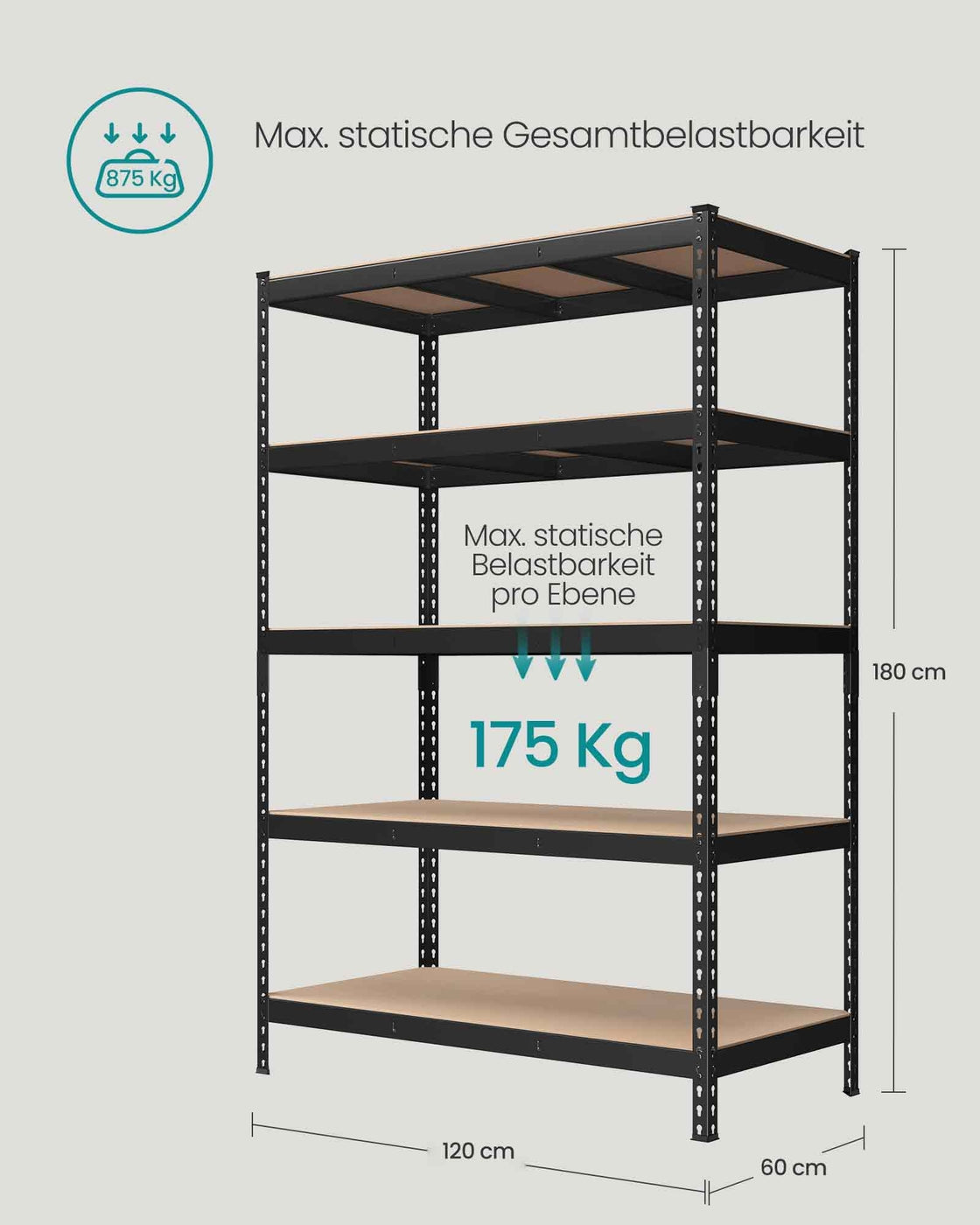 Schwerlastregal mit 5 Ablagen 60 x 120 x 180 cm schwarz