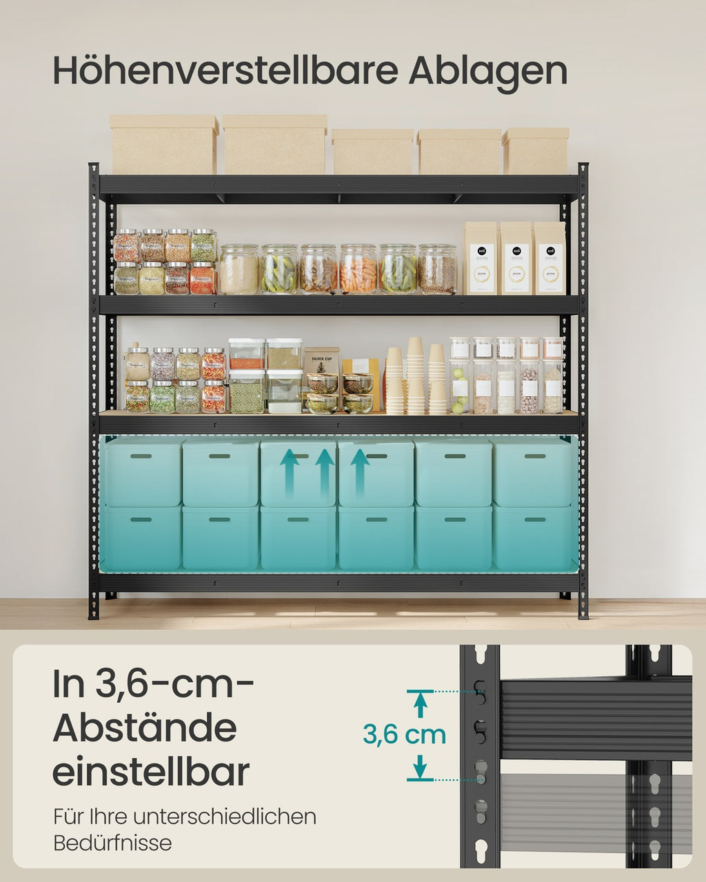 Schwerlastregal mit 4 stabilen Ablagen aus 8 mm dickem MDF