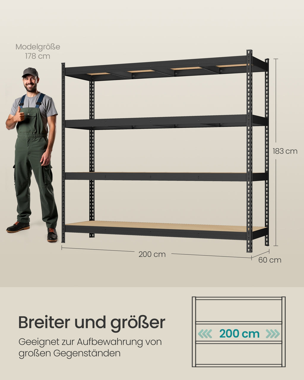 Schwerlastregal mit 4 stabilen Ablagen aus 8 mm dickem MDF