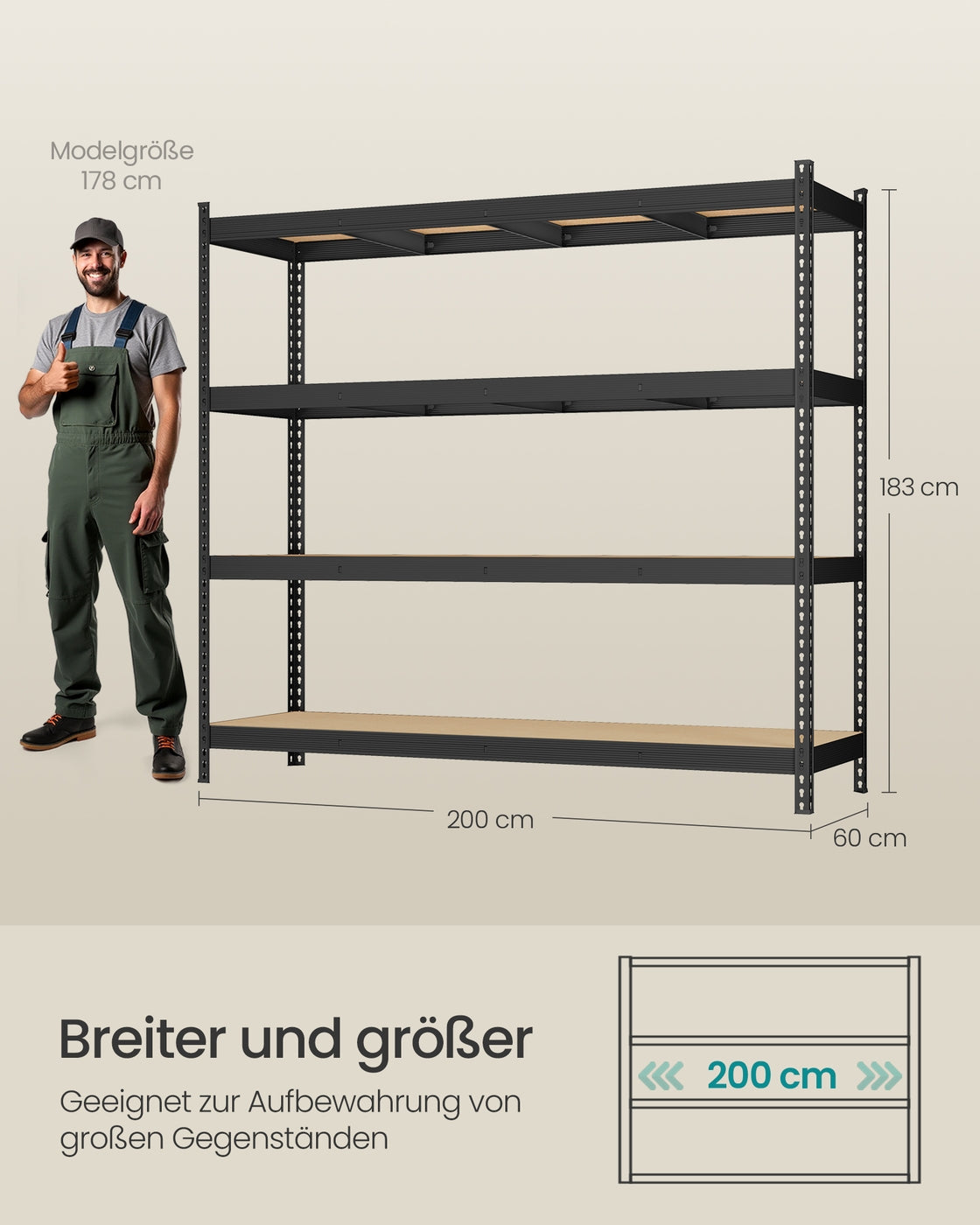 Schwerlastregal mit 4 stabilen Ablagen aus 8 mm dickem MDF