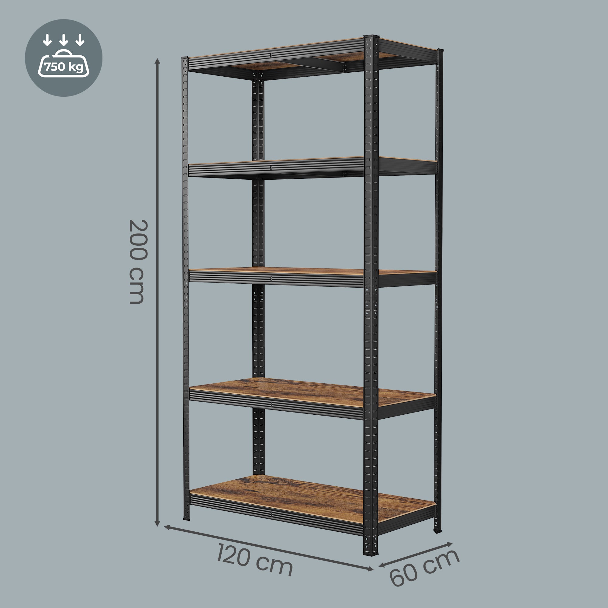 Lagerregal 5 Ebenen, Standregal 60 x 120 x 200 cm, Regal mit verstellbaren Ablagen