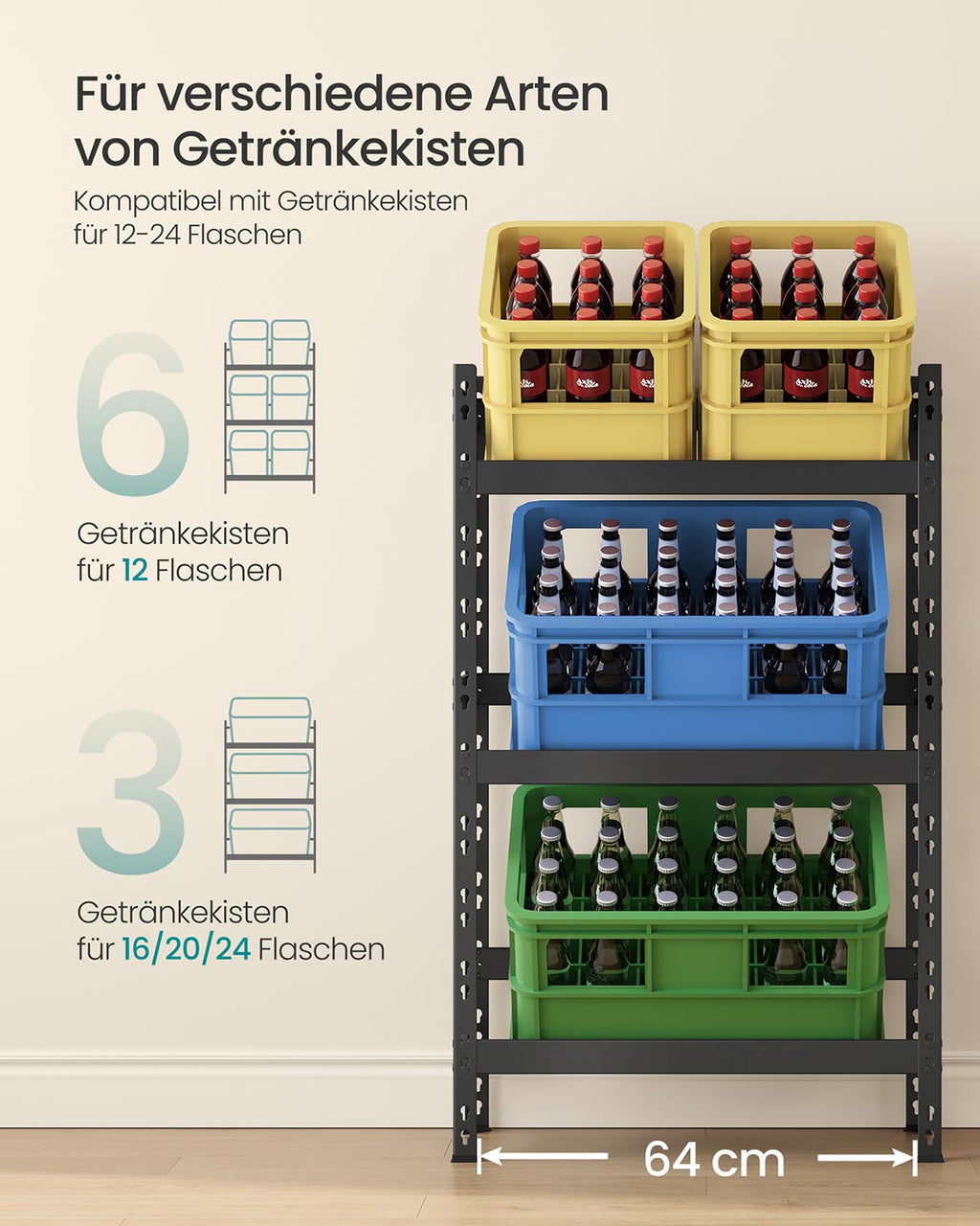 Getränkeregal aus Stahl mit 3 Ebenen tintenschwarz