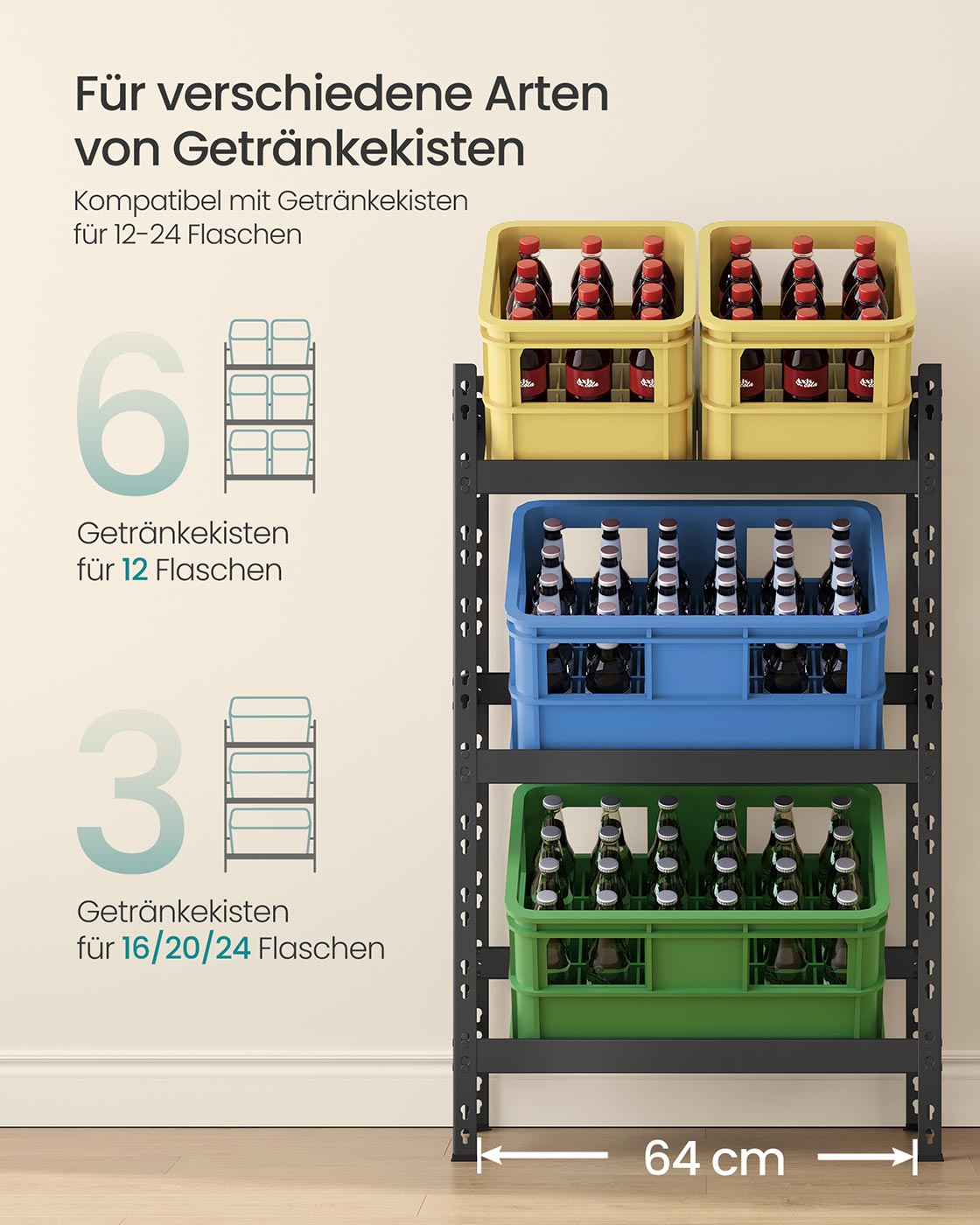 Getränkeregal aus Stahl mit 3 Ebenen tintenschwarz