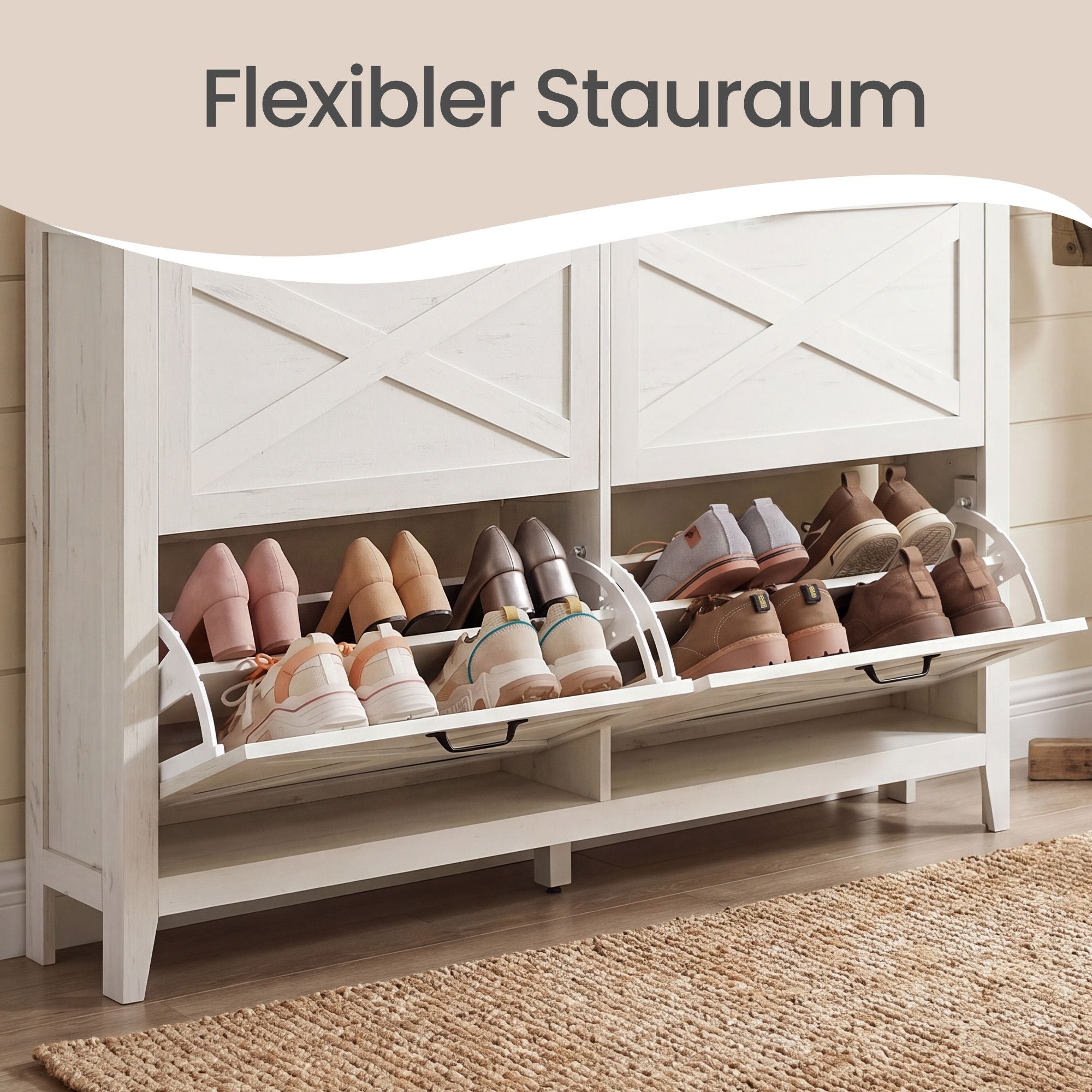 Schuhschrank 4 Klappen, Schuhkipper, freistehendes schmales Schuhregal, weiß