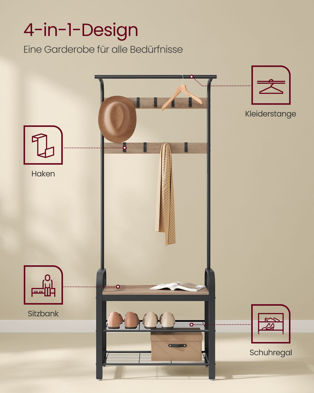 Garderobenständer mit 9 abnehmbaren Haken 33,7 x 72 x 183 cm