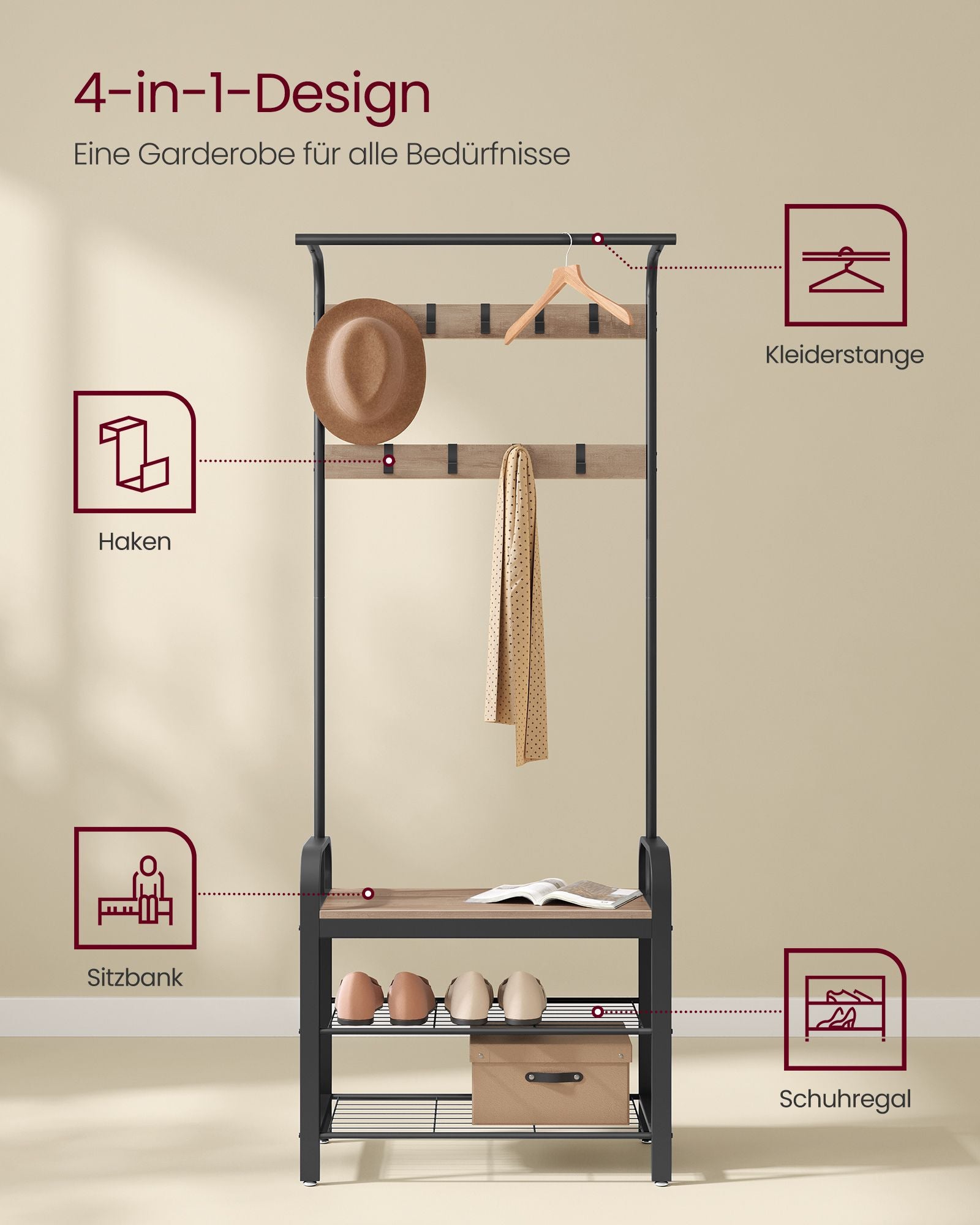 Garderobenständer mit 9 abnehmbaren Haken 33,7 x 72 x 183 cm