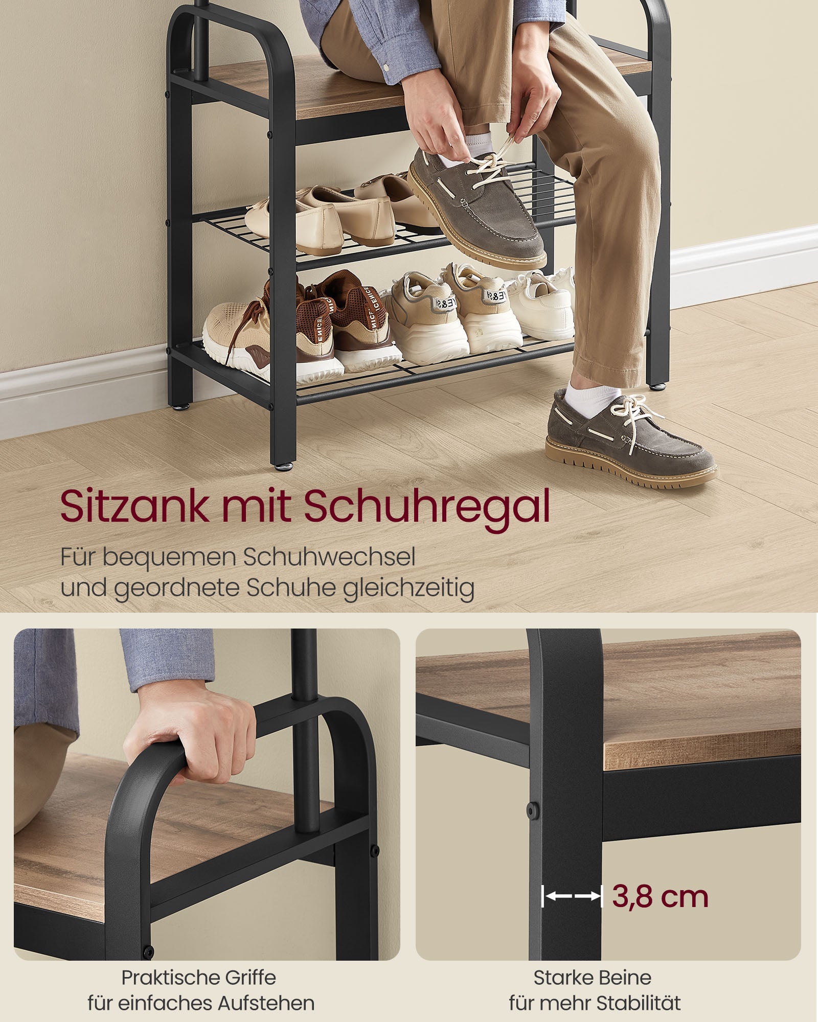 Garderobenständer mit 9 abnehmbaren Haken 33,7 x 72 x 183 cm