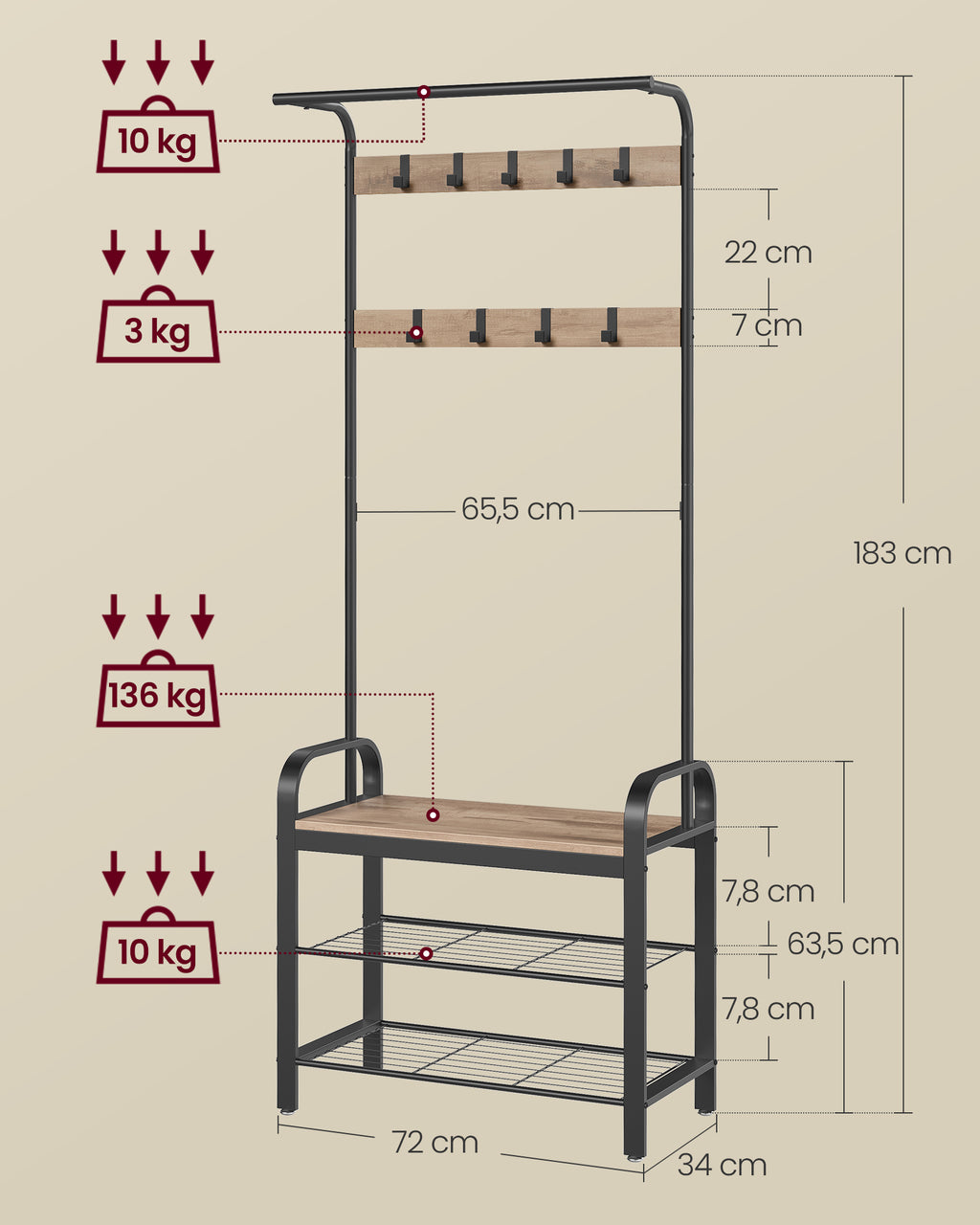 Garderobenständer mit 9 abnehmbaren Haken 33,7 x 72 x 183 cm