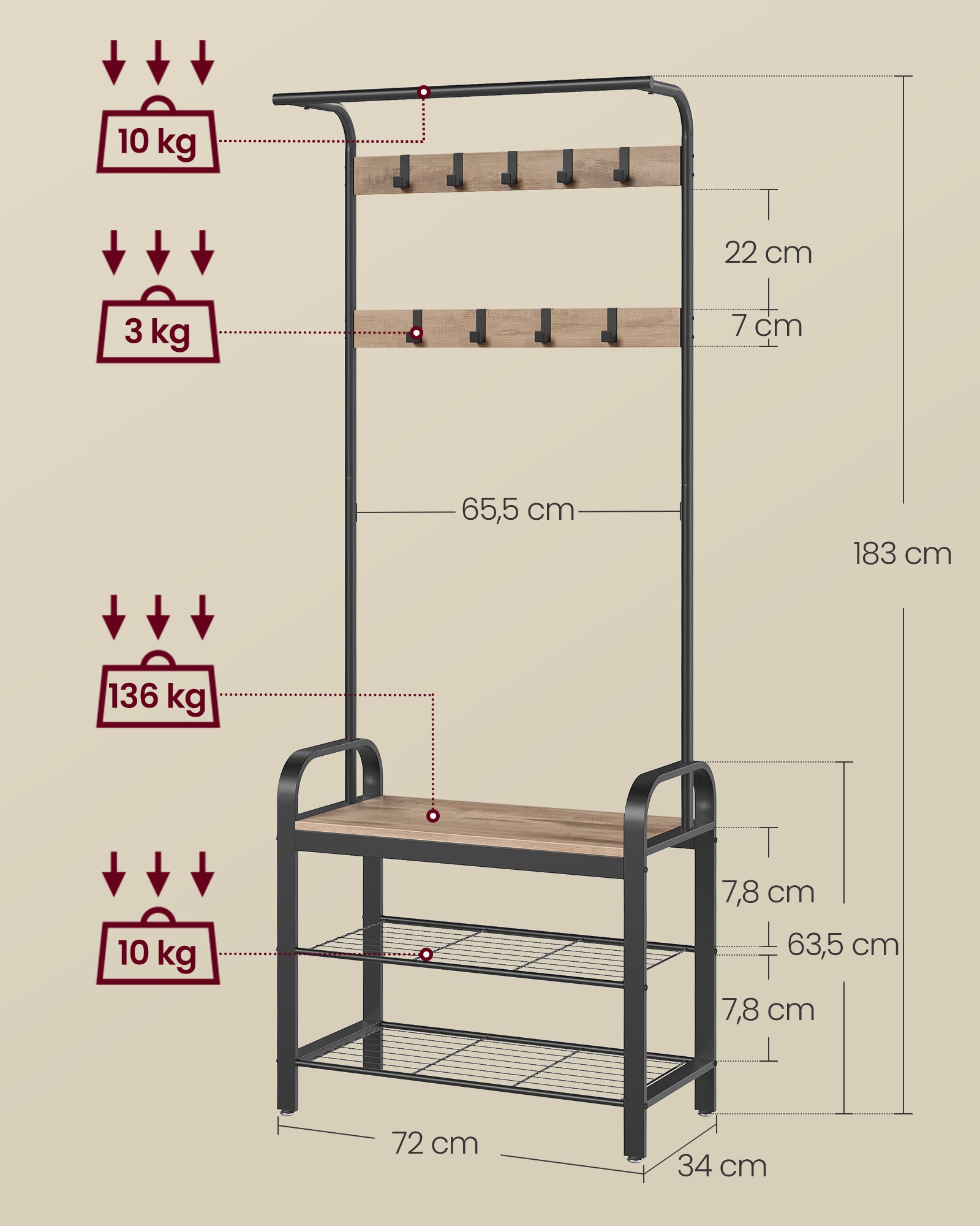 Garderobenständer mit 9 abnehmbaren Haken 33,7 x 72 x 183 cm