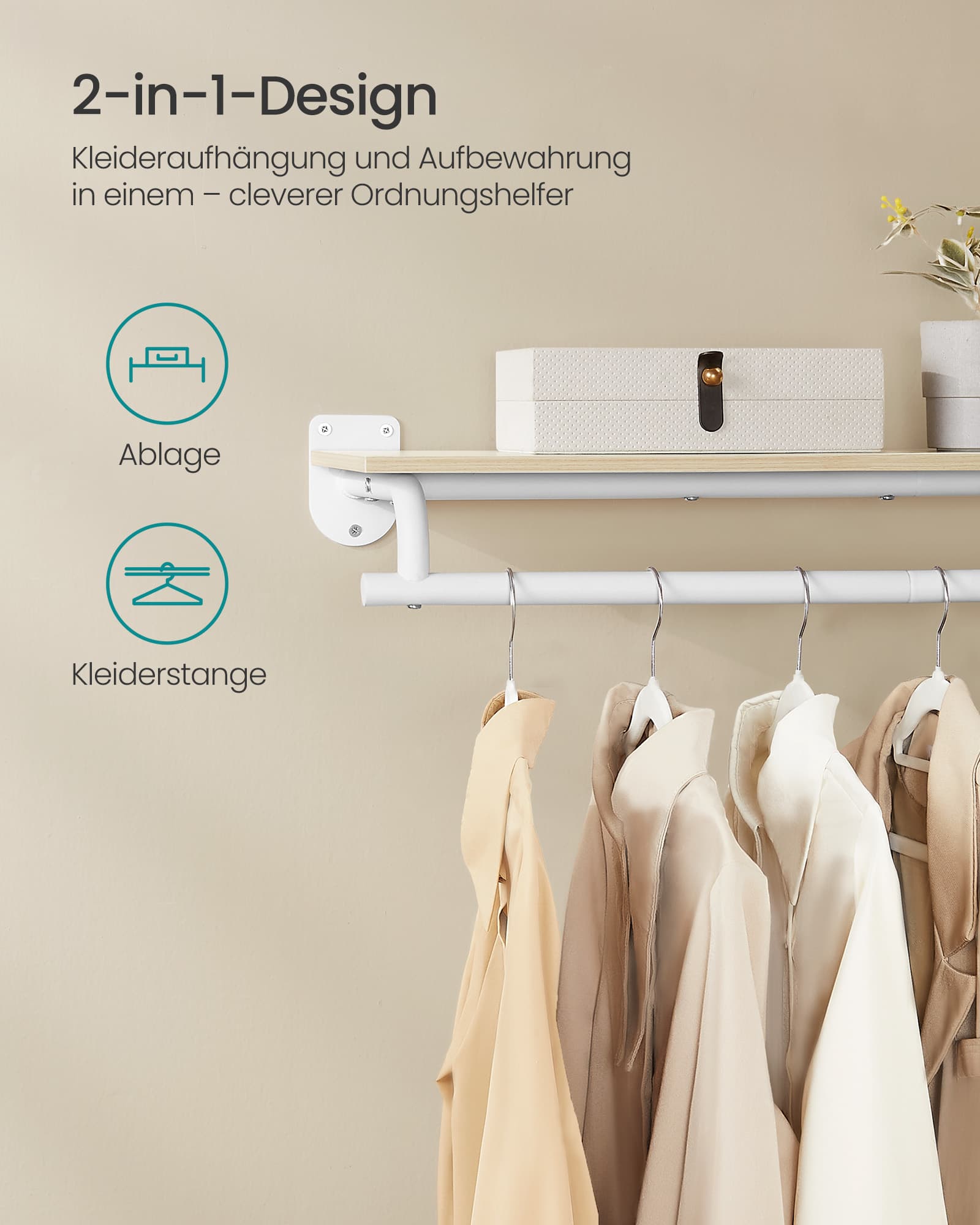 Wandgarderobe mit Kleiderstange naturbeige-wolkenweiß