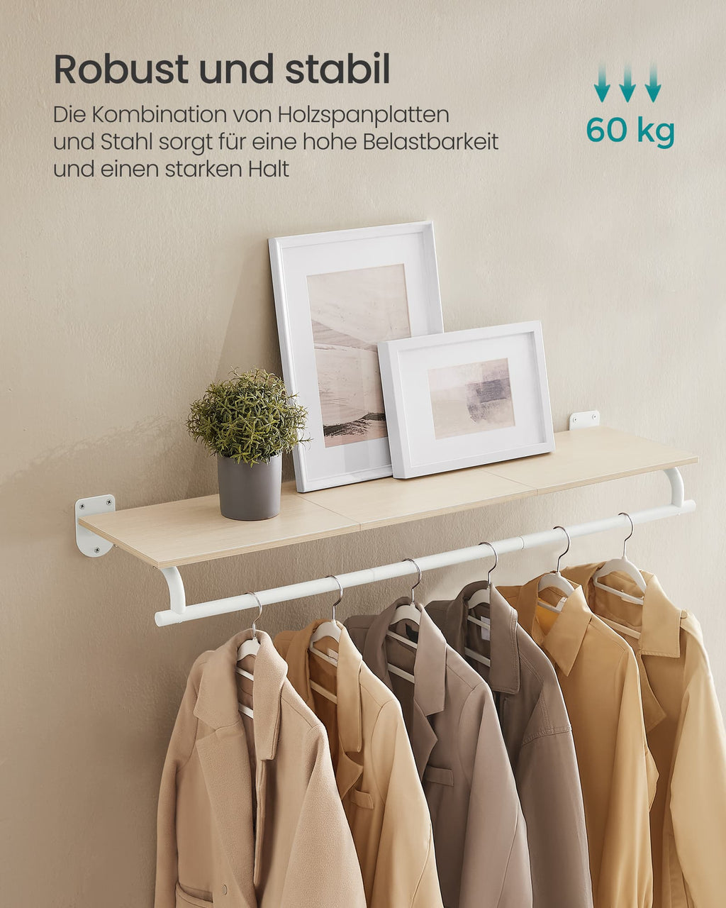 Wandgarderobe mit Kleiderstange naturbeige-wolkenweiß