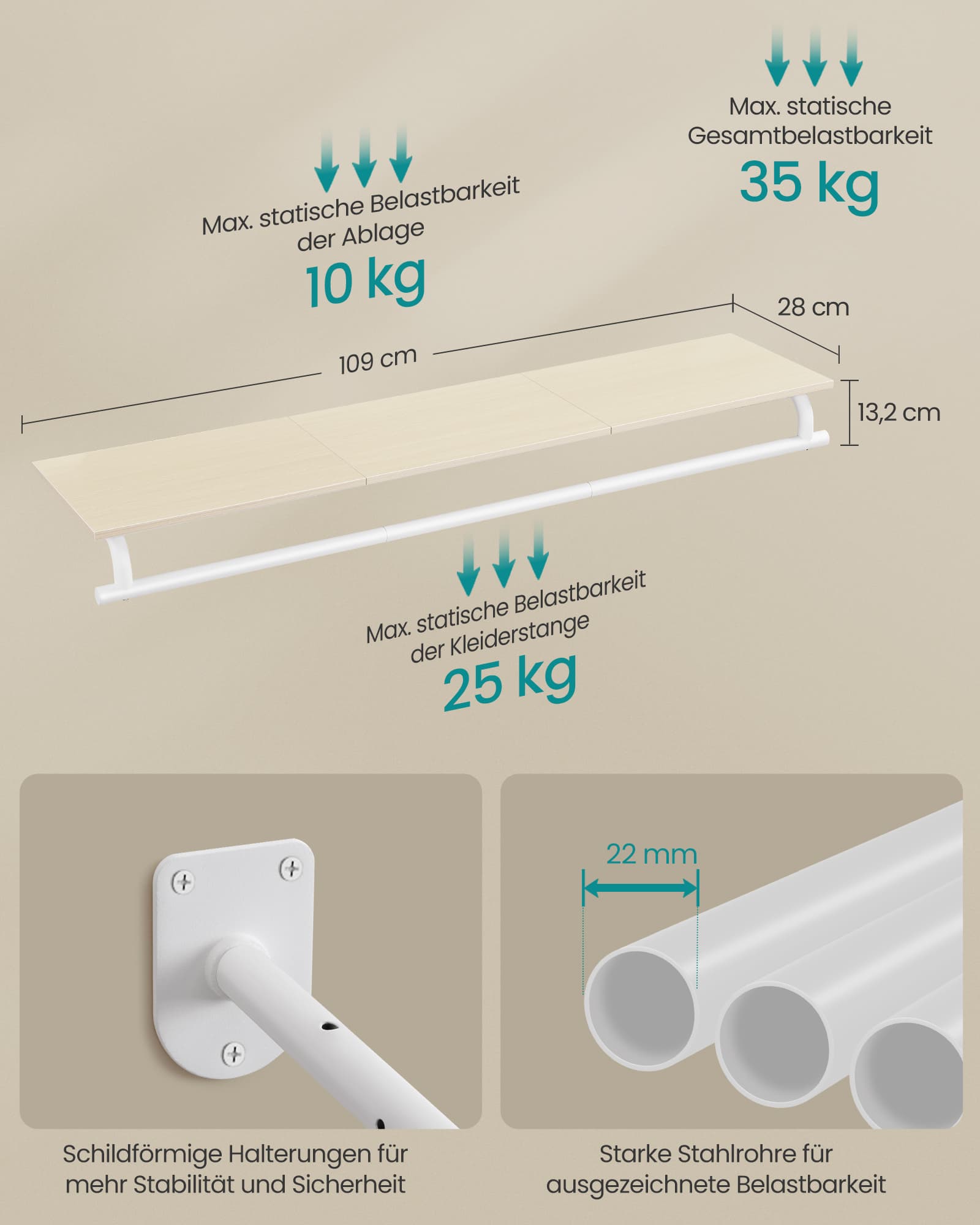 Wandgarderobe mit Kleiderstange naturbeige-wolkenweiß