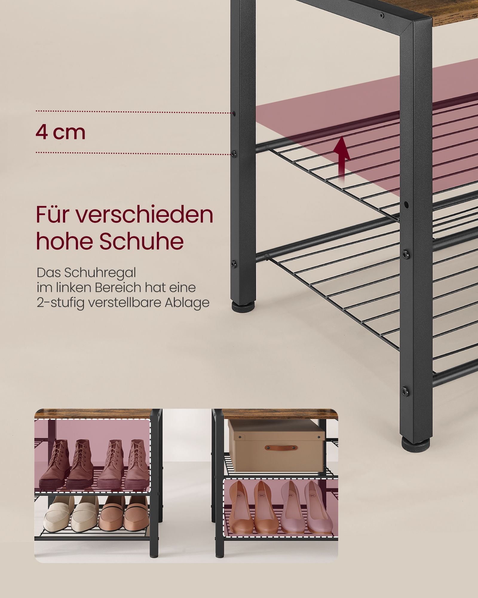 Garderobenständer mit Schuhbank aus Spanplatten vintagebraun-tintenschwarz