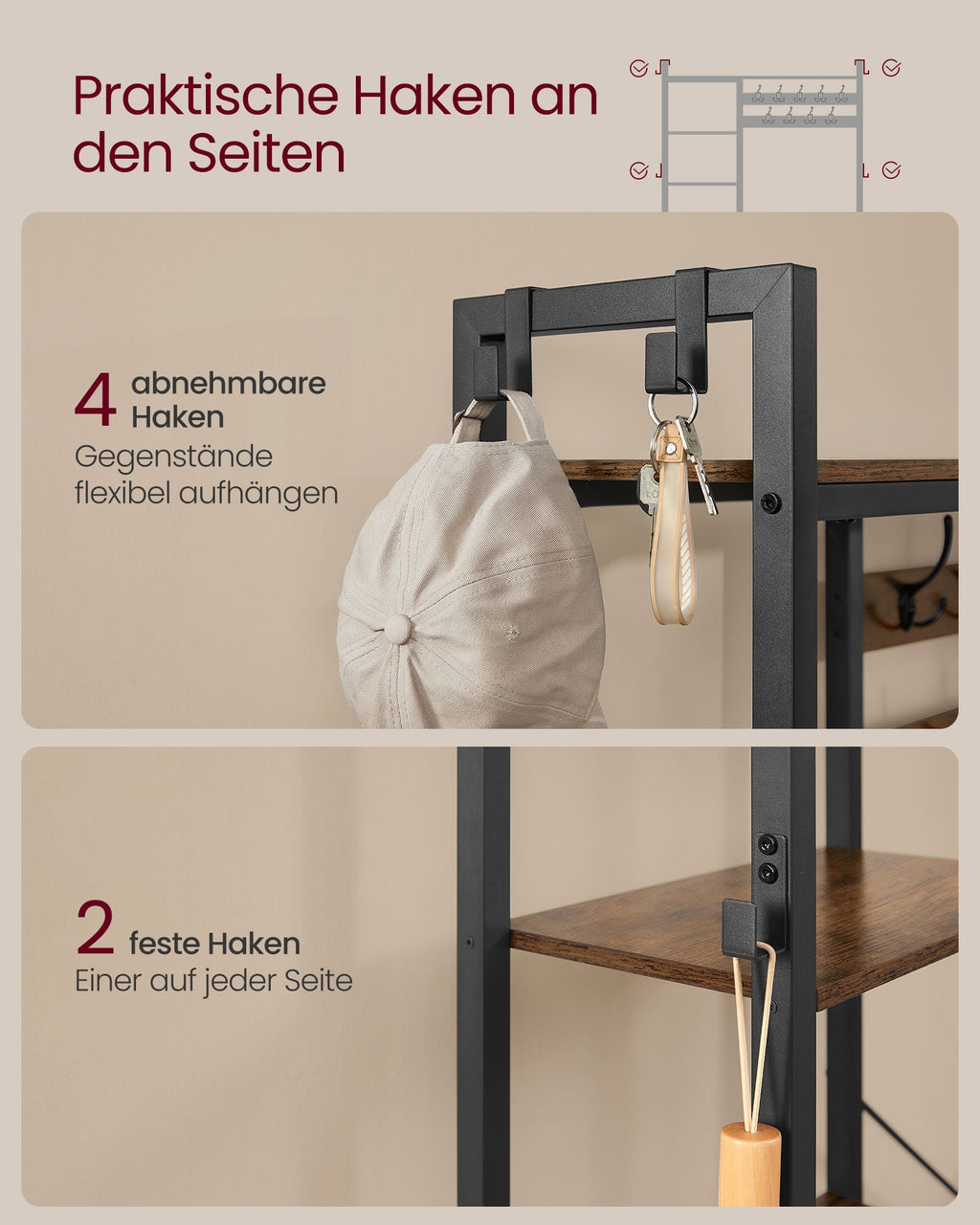 Garderobenständer mit Schuhbank aus Spanplatten vintagebraun-tintenschwarz