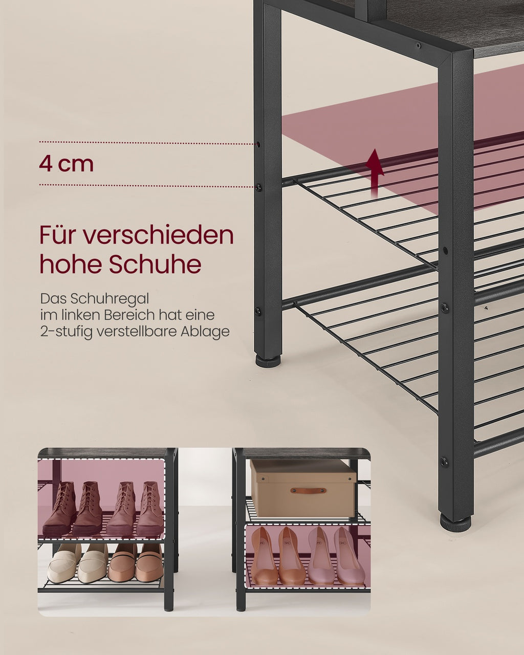 Garderobenständer mit Schuhbank und 5 Regalebenen aus Spanplatten Steingrau-Tintenschwarz