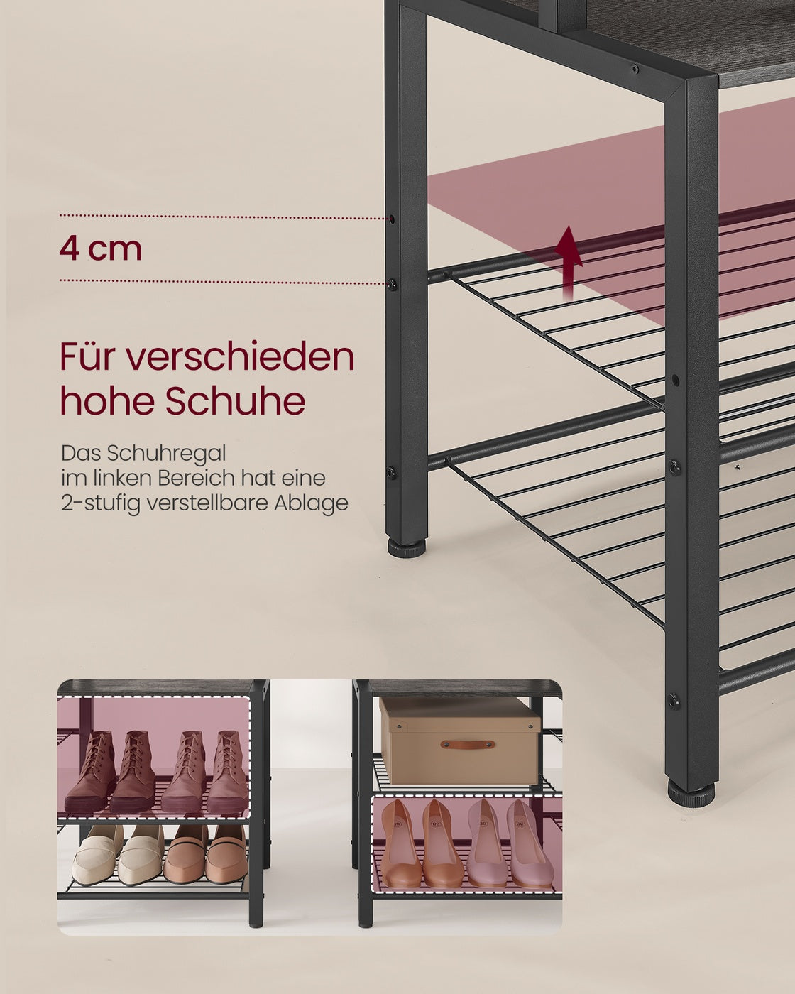 Garderobenständer mit Schuhbank und 5 Regalebenen aus Spanplatten Steingrau-Tintenschwarz