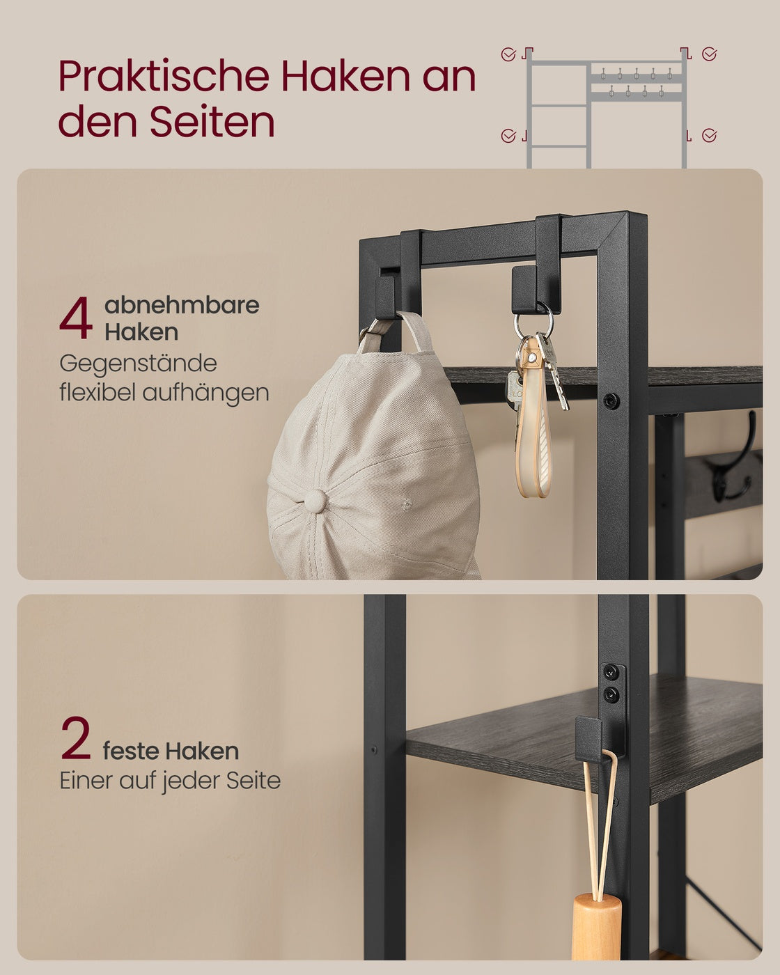 Garderobenständer mit Schuhbank und 5 Regalebenen aus Spanplatten Steingrau-Tintenschwarz