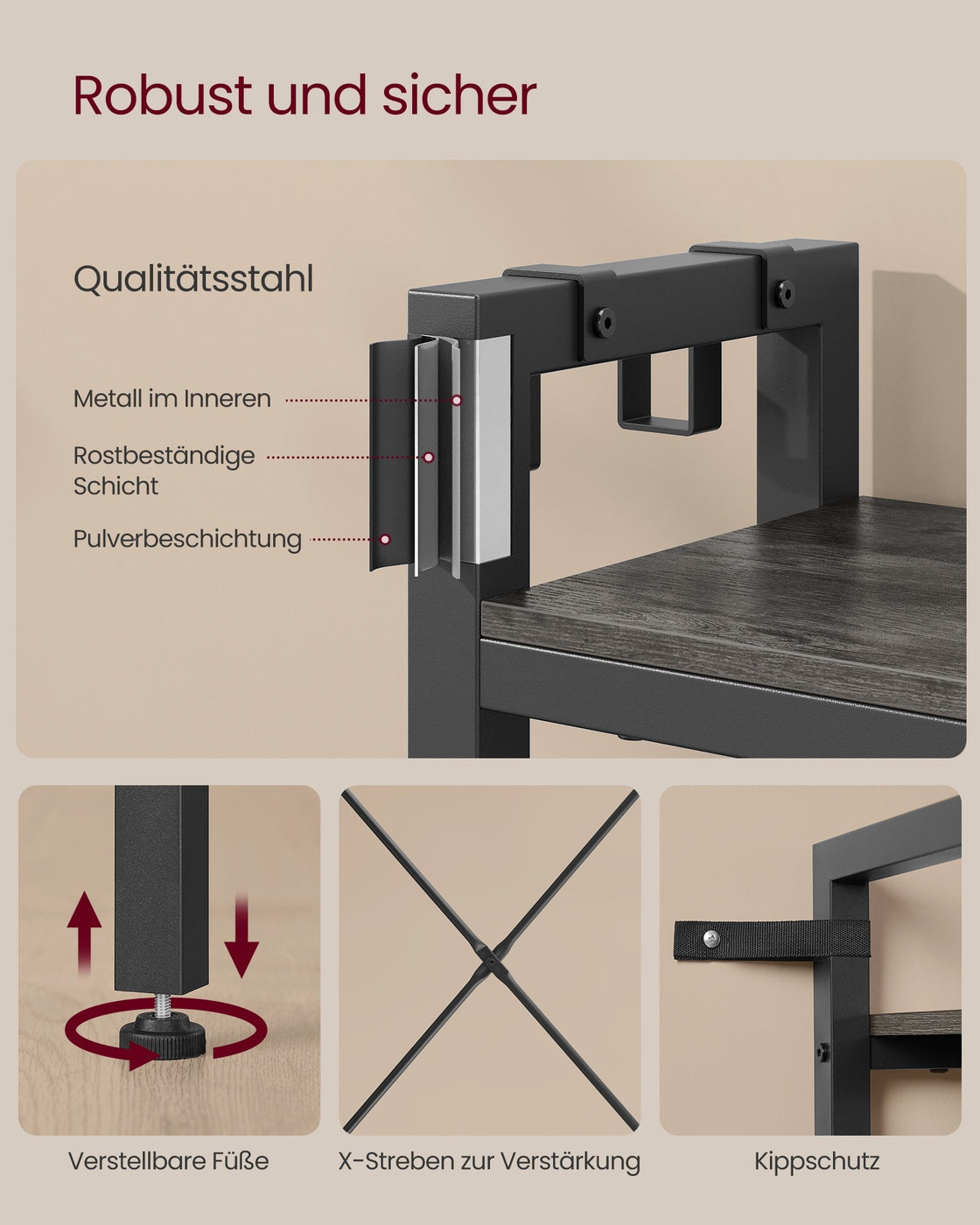 Garderobenständer mit Schuhbank und 5 Regalebenen aus Spanplatten Steingrau-Tintenschwarz
