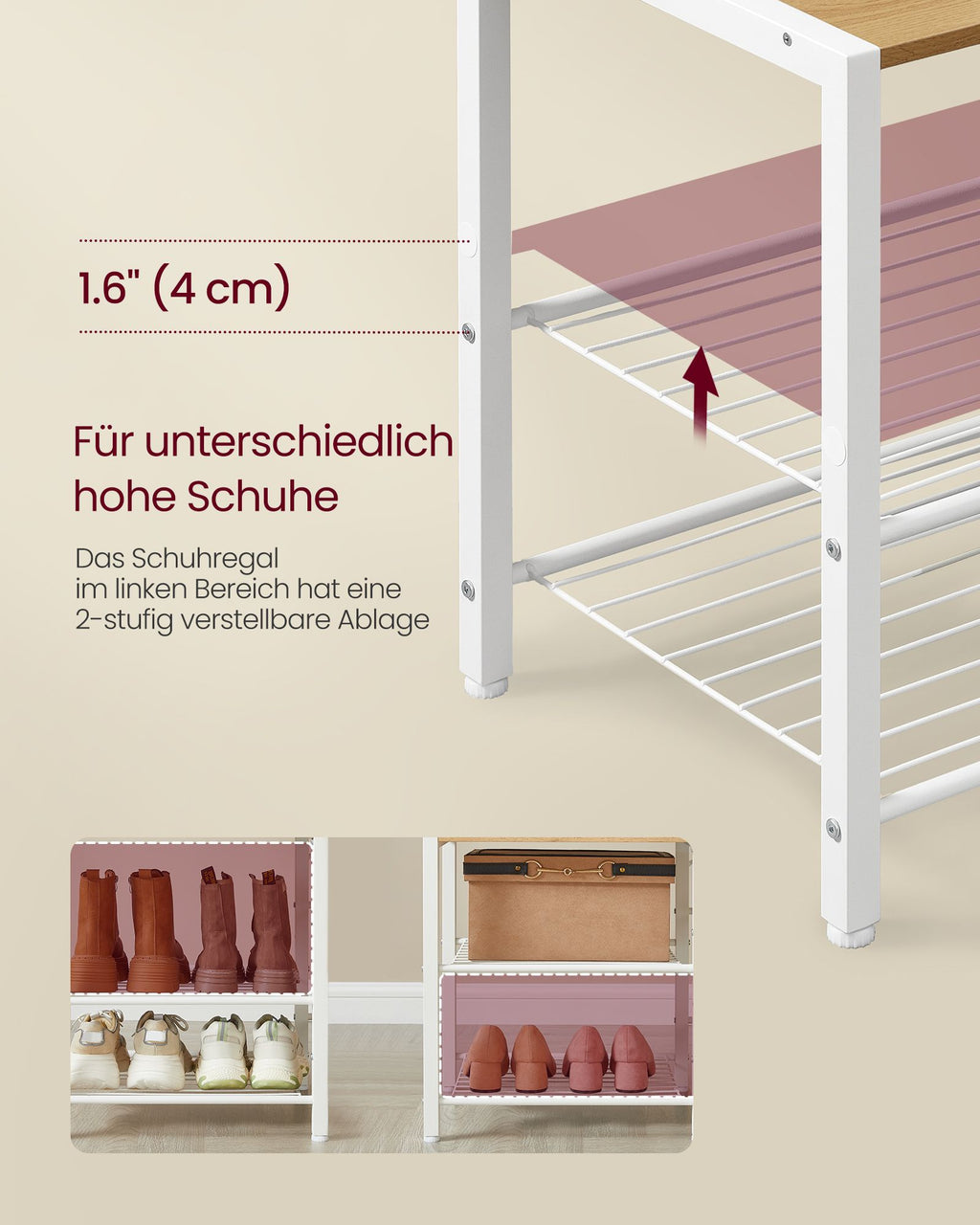 Garderobenständer mit Schuhbank goldeichenfarben-wolkenweiß
