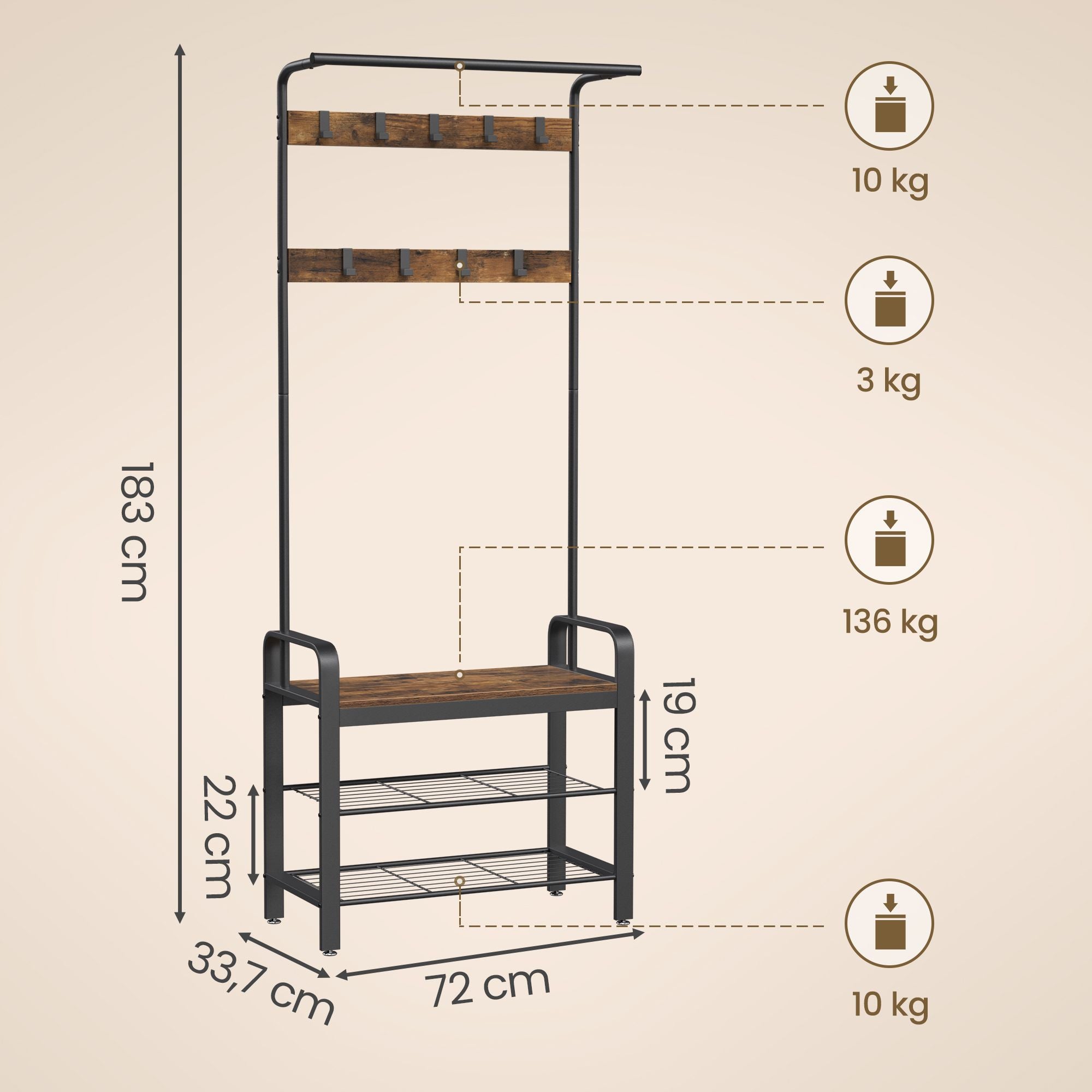 Garderobenständer, Garderobe, mit Schuhbank