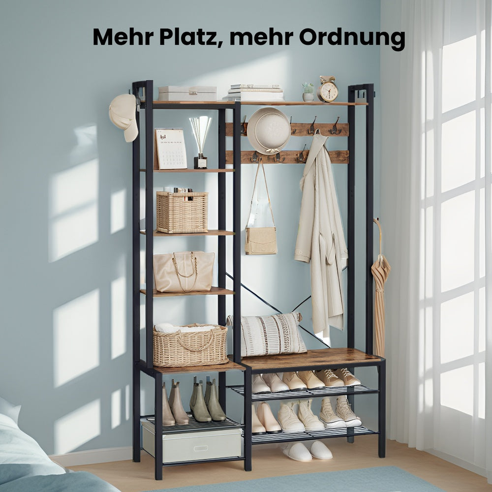 Garderobenständer mit Schuhbank, Garderobe, 5 Regalebenen aus Spanplatten