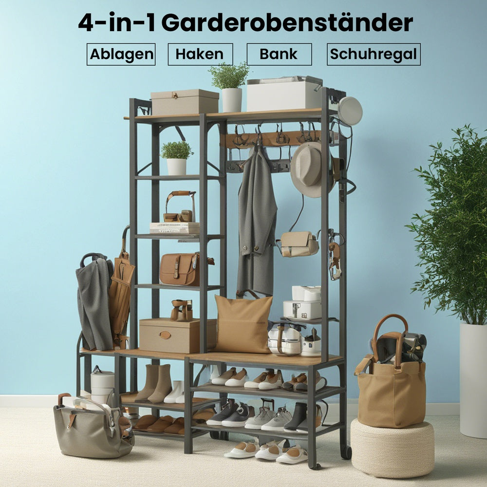 Garderobenständer mit Schuhbank, Garderobe, 5 Regalebenen aus Spanplatten