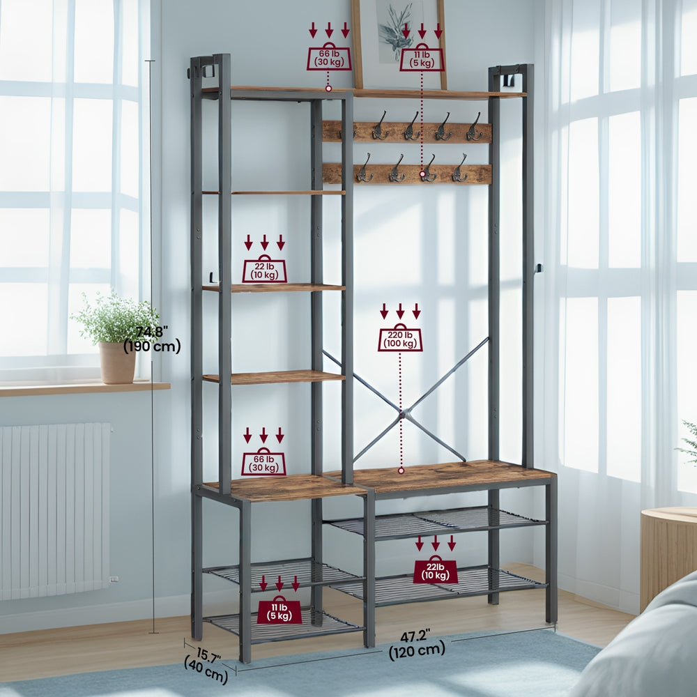 Garderobenständer mit Schuhbank, Garderobe, 5 Regalebenen aus Spanplatten