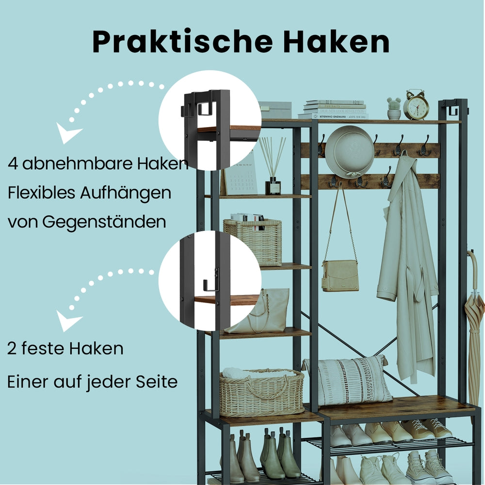 Garderobenständer mit Schuhbank, Garderobe, 5 Regalebenen aus Spanplatten