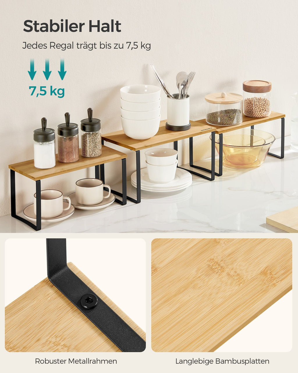 Gewürzregal 3er Set aus Metall und Bambus tintenschwarz-naturbeige