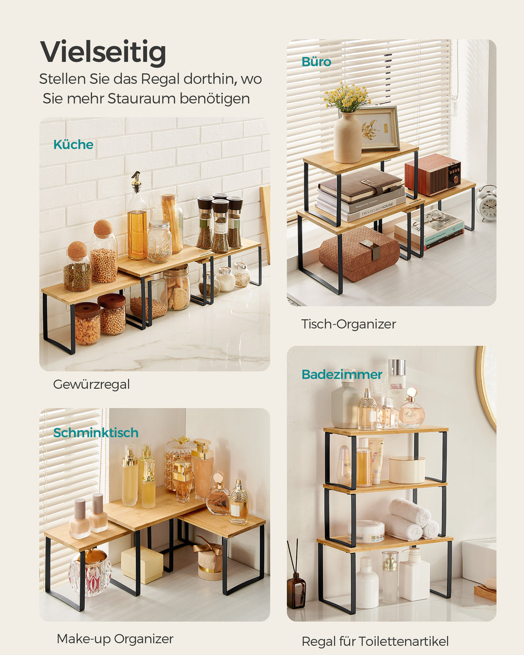 Gewürzregal 3er Set aus Metall und Bambus tintenschwarz-naturbeige