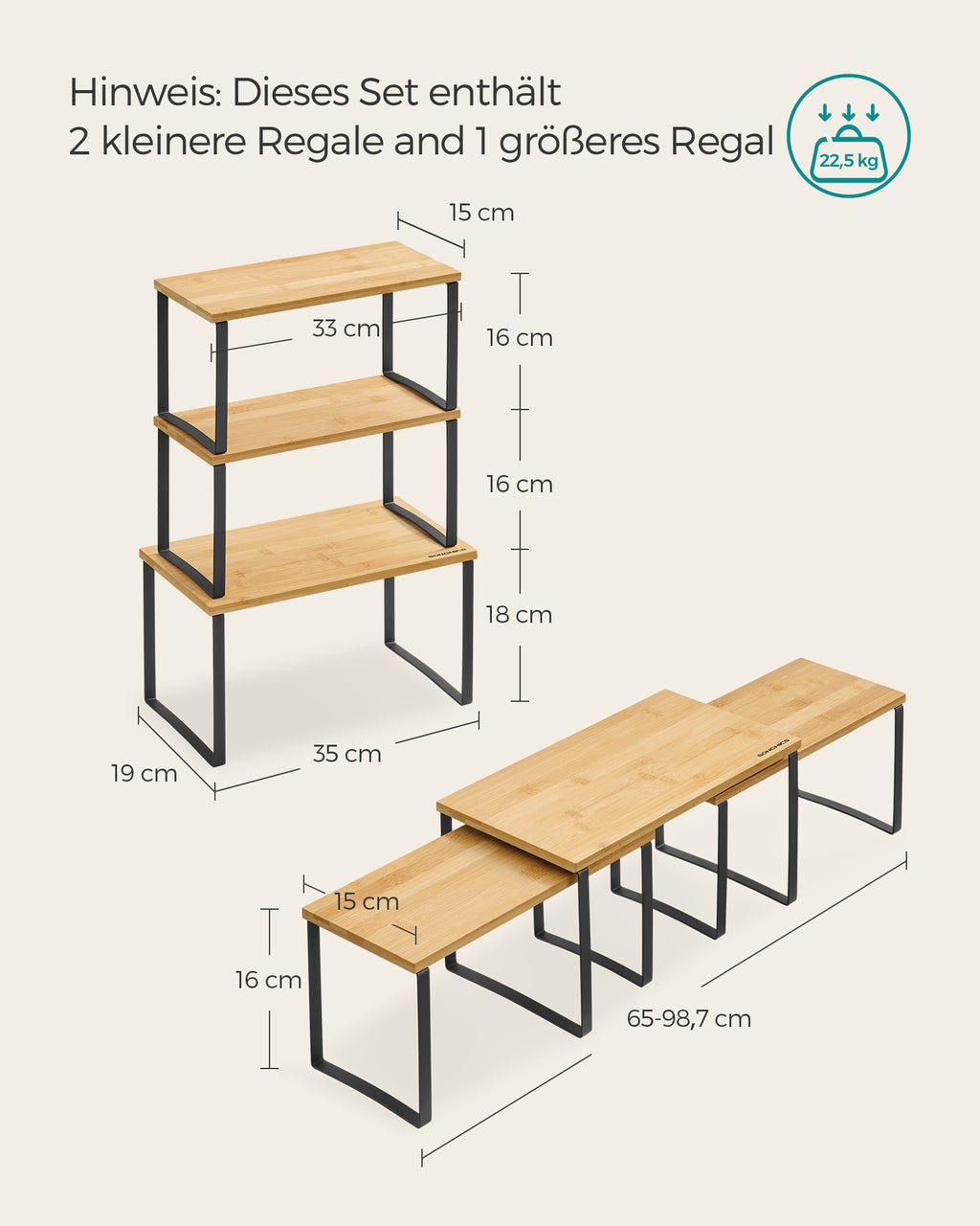 Gewürzregal 3er Set aus Metall und Bambus tintenschwarz-naturbeige