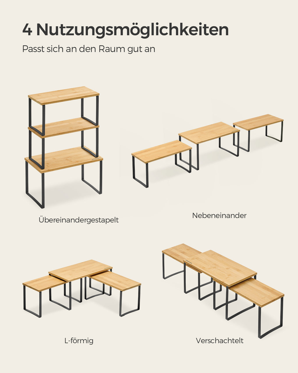 Gewürzregal 3er Set aus Metall und Bambus tintenschwarz-naturbeige