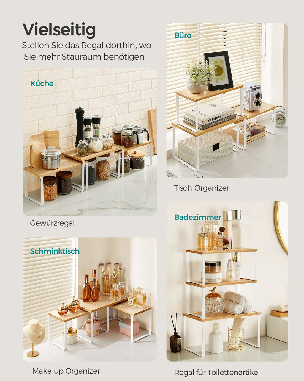 Gewürzregal 3er Set aus Metall und Bambus wolkenweiß-naturbeige